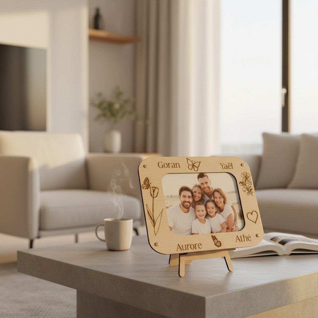 Cadre photo L'Atelier de Lylou en bois naturel gravé avec prénoms et motifs floraux, support inclus.