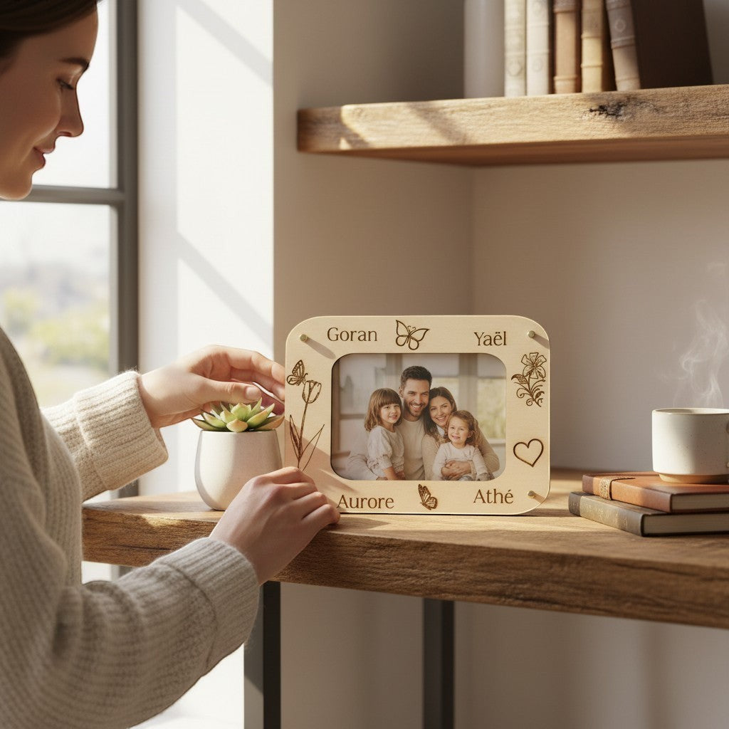 Cadre photo L'Atelier de Lylou en bois naturel gravé avec prénoms, papillons et fleurs, pour photo 10x15 cm.