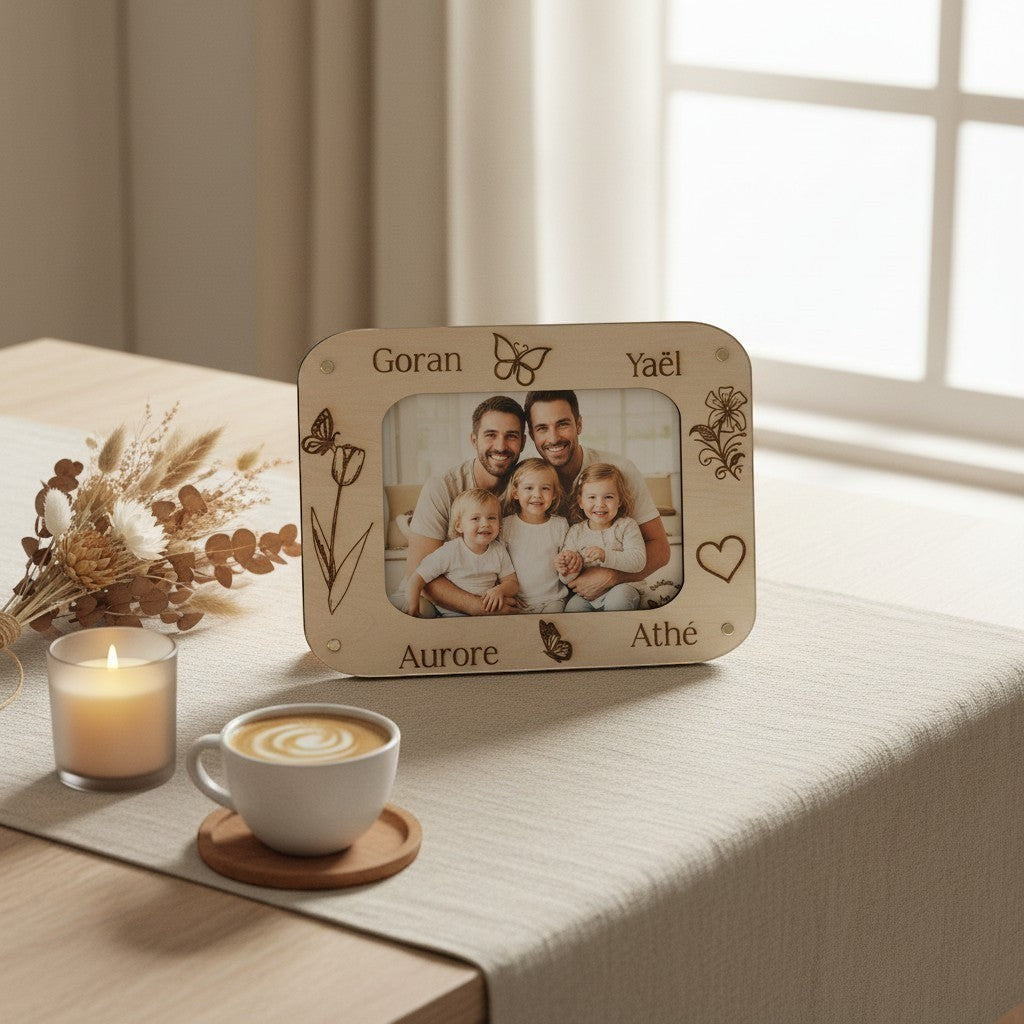 Cadre photo L'Atelier de Lylou en bois naturel gravé avec prénoms et décorations florales, pour photo 10x15 cm.