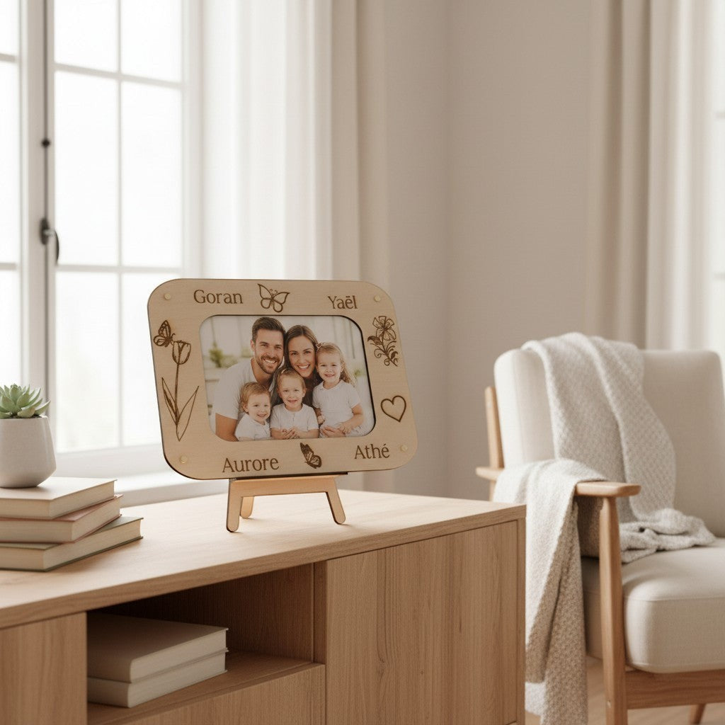 Cadre photo L'Atelier de Lylou en bois naturel personnalisé avec prénoms gravés et motifs floraux, papillons et cœur.