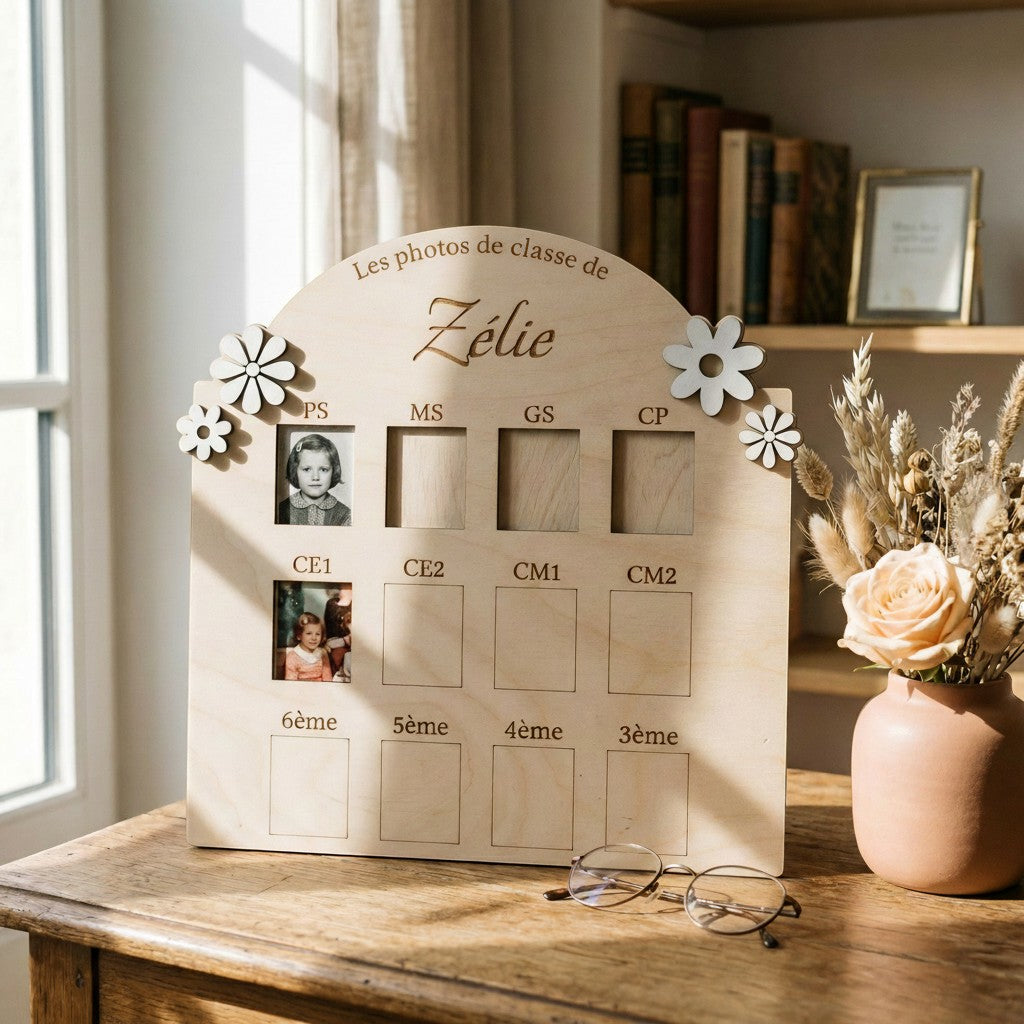 Cadre photo en bois L'Atelier de Lylou pour photos de classe, personnalisé avec prénom, décor floral, 12 emplacements.