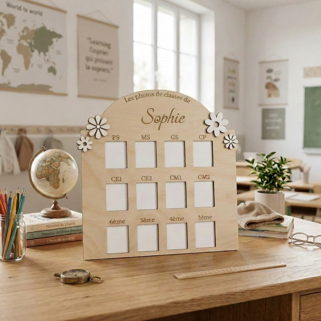 L'Atelier de Lylou cadre photos de classe personnalisé en bois avec prénom, 12 emplacements pour photos scolaires, décor floral.