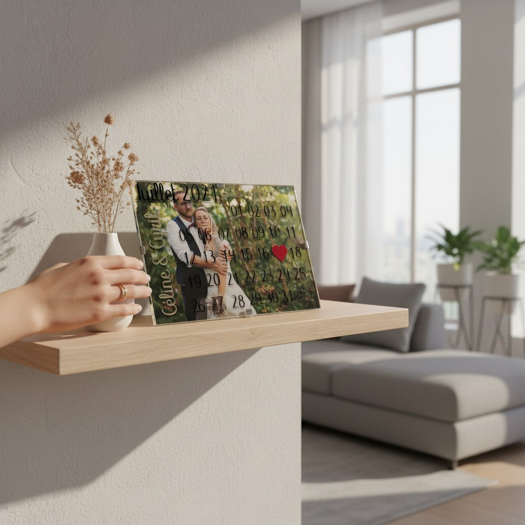 Calendrier personnalisé L'Atelier de Lylou en acrylique avec photo de couple, mois de juillet 2021 et dates importantes.