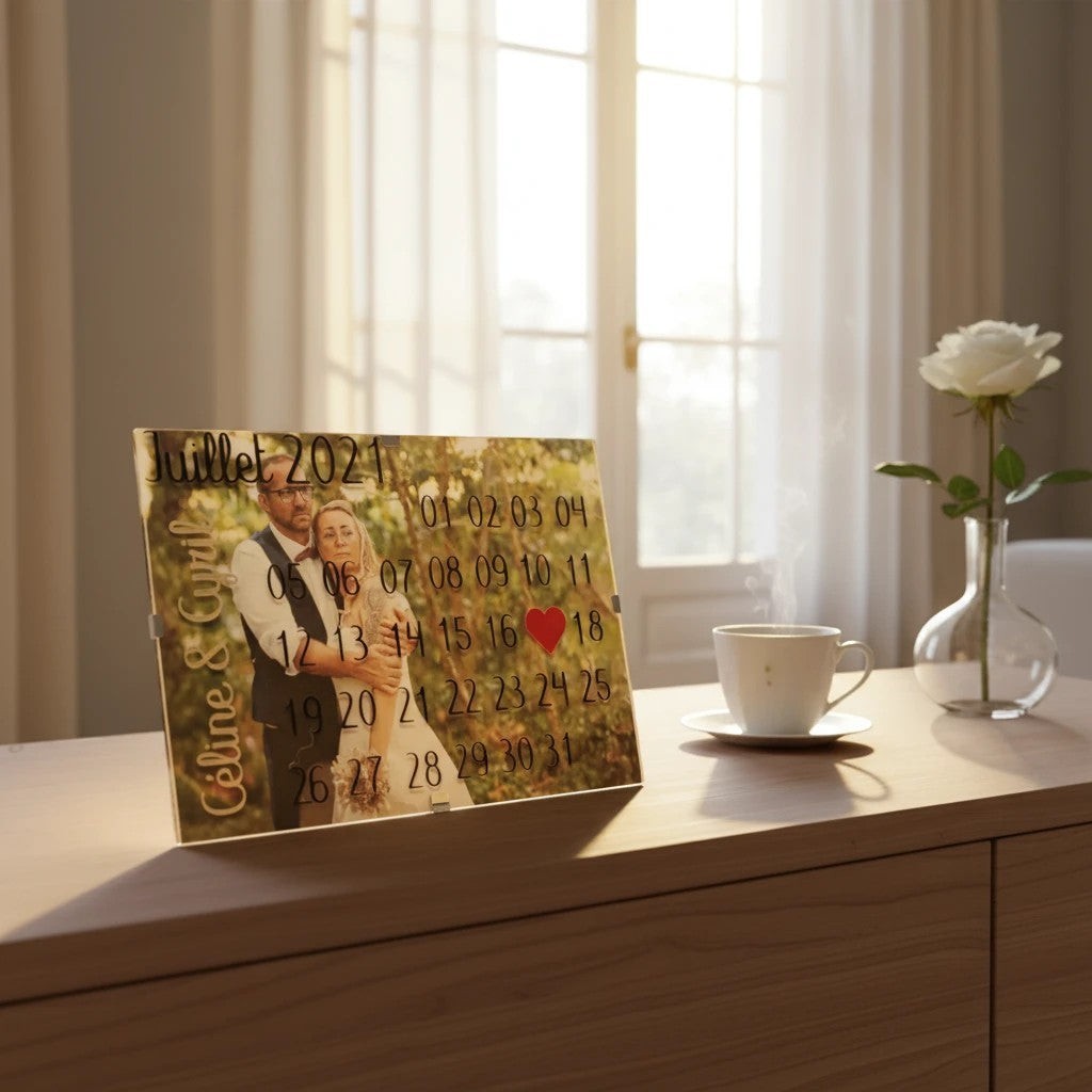 Calendrier personnalisé L'Atelier de Lylou en acrylique avec photo de couple, mois de juillet 2021 et dates importantes.