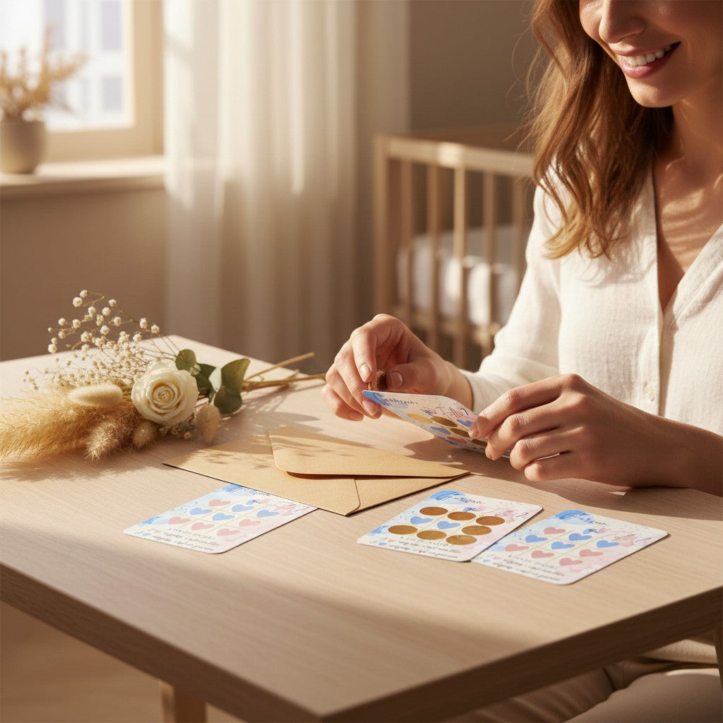 L'Atelier de Lylou : cartes à gratter révélation du sexe de bébé, jeu de morpion, rose et bleu.