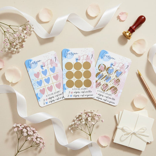 L'Atelier de Lylou : Lot de 3 cartes à gratter pour révélation du sexe de bébé, jeu tic-tac-toe, rose et bleu.