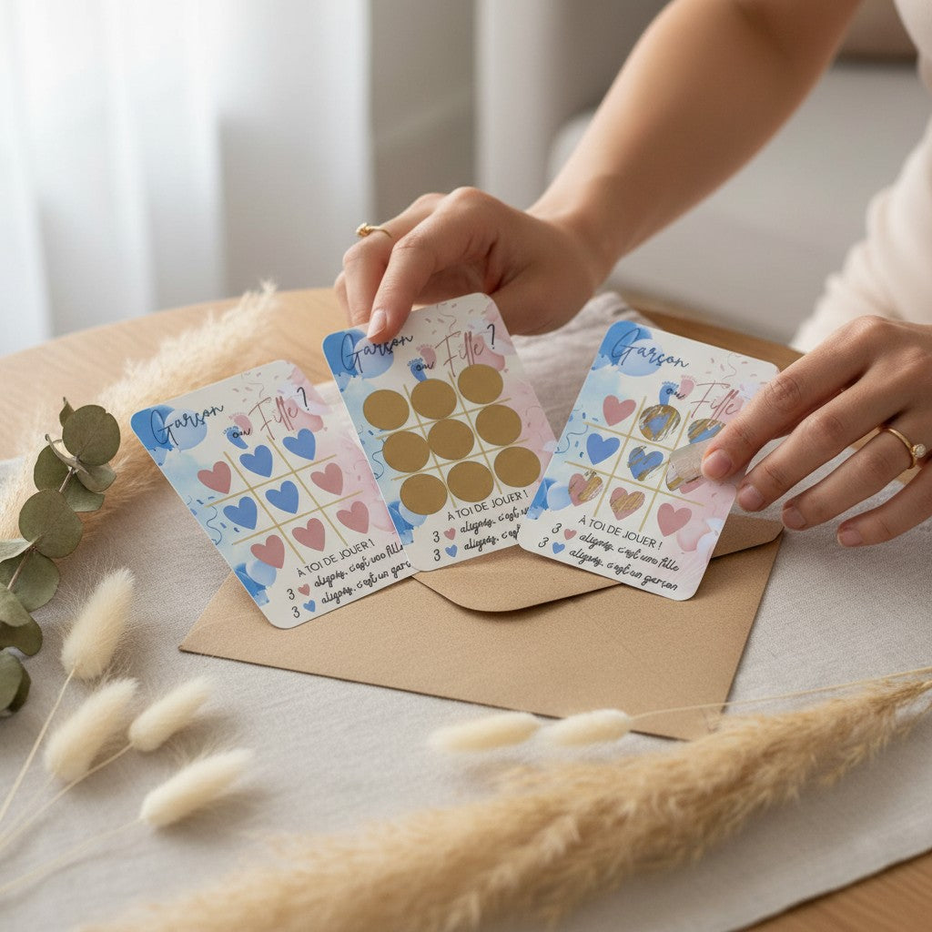 L'Atelier de Lylou : Lot de 3 cartes à gratter pour révélation du sexe de bébé, jeu de morpion, rose et bleu.