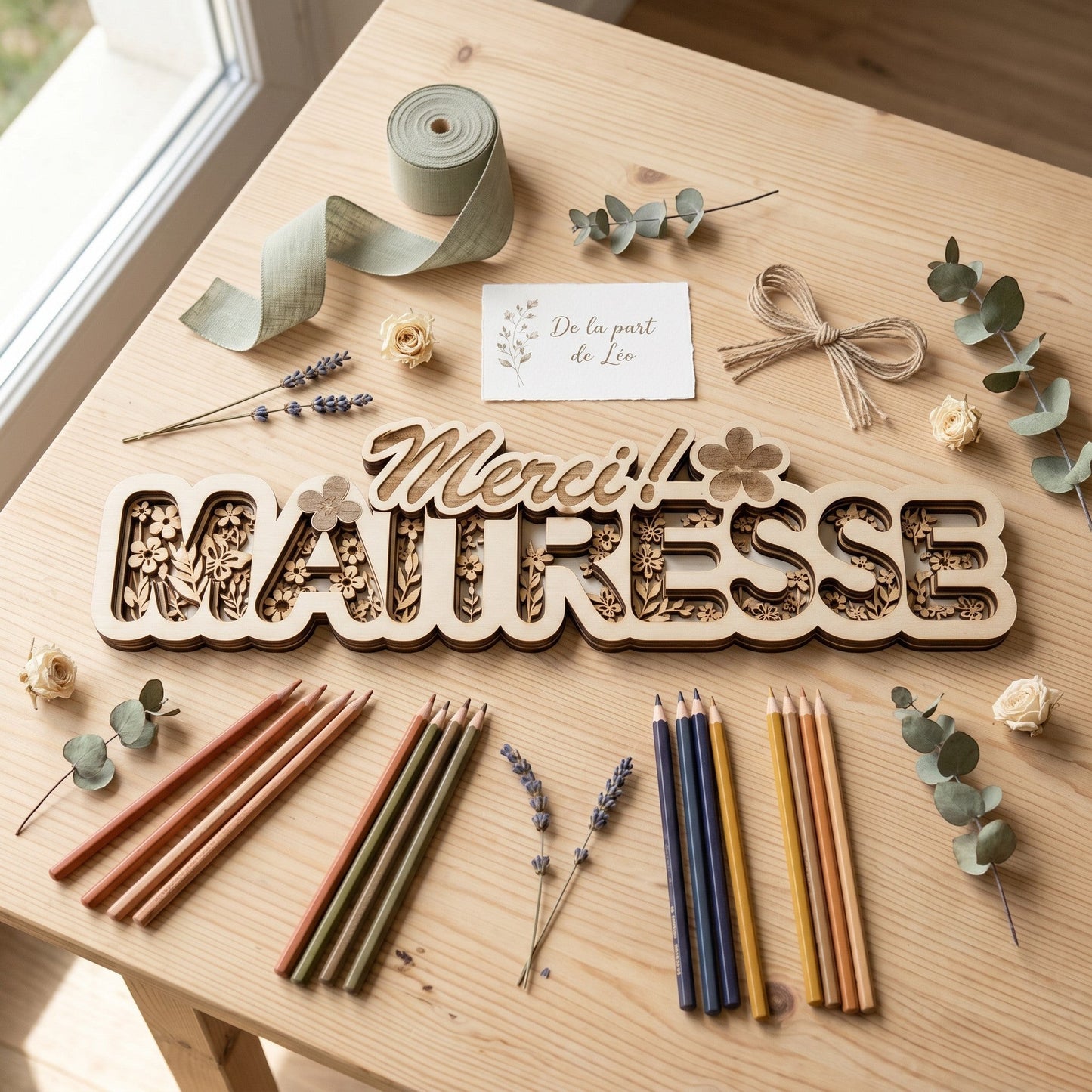 Décoration en bois L'Atelier de Lylou avec le texte "Merci Maitresse" gravé de motifs floraux. Idéal pour offrir.