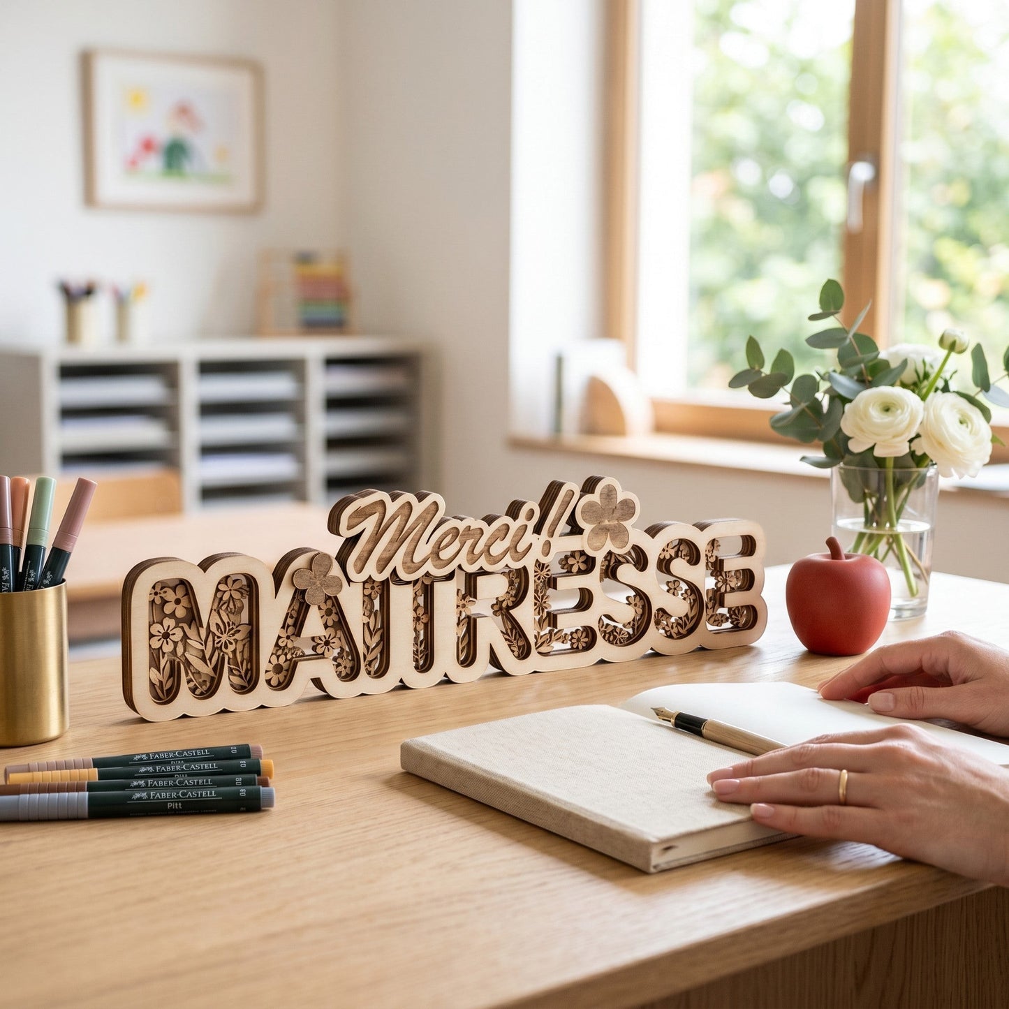 Décoration en bois L'Atelier de Lylou avec le texte "Merci Maitresse" gravé de motifs floraux. Idée cadeau pour enseignante.