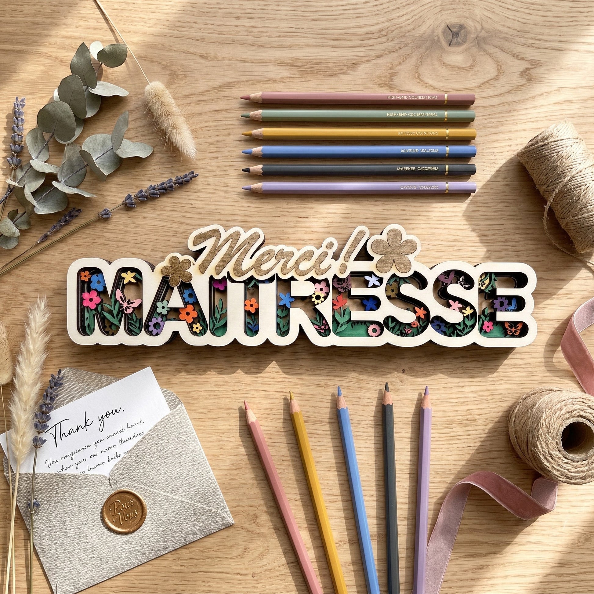 Décoration en bois multicouche L'Atelier de Lylou "Merci Maitresse" avec motif floral coloré et finition dorée.