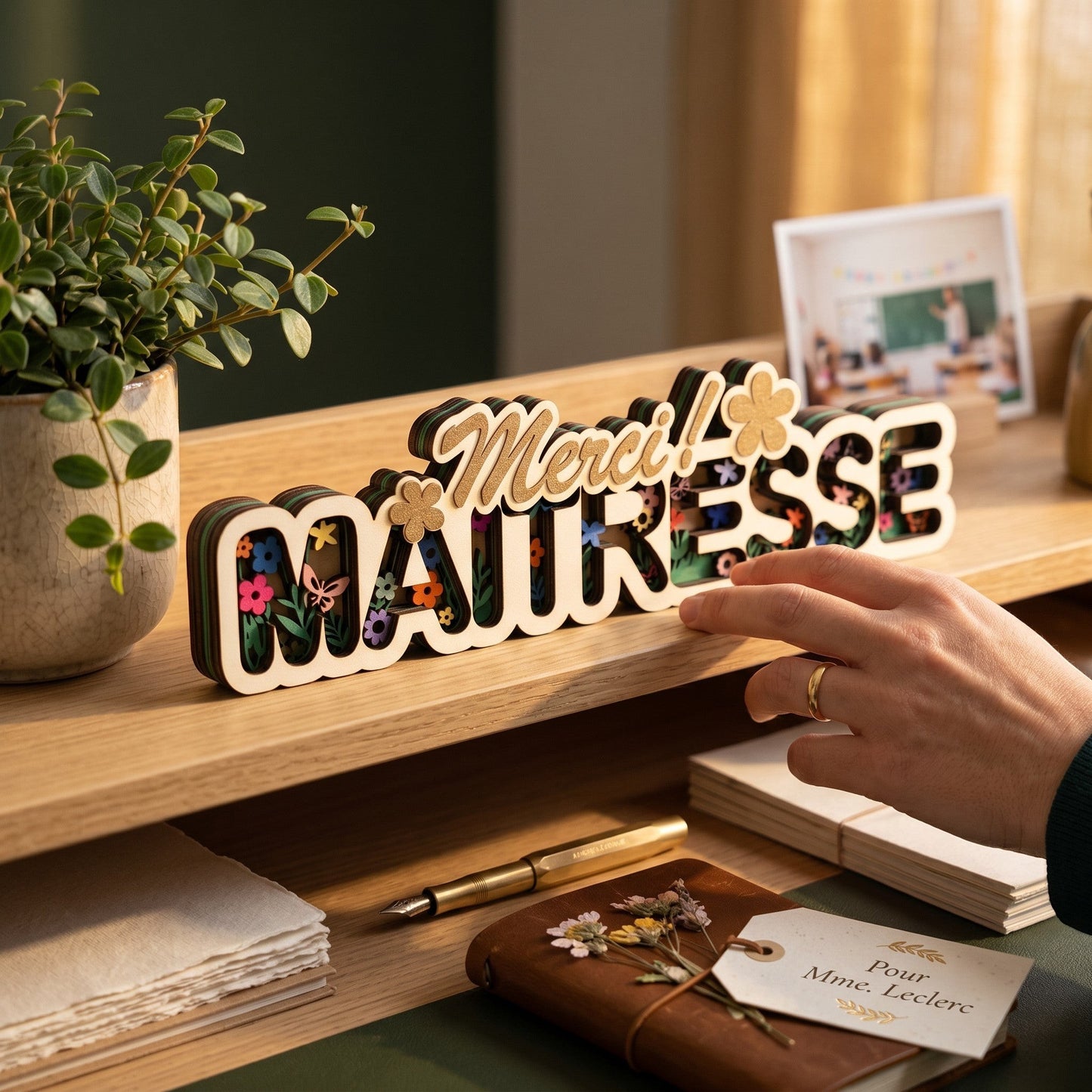 Décoration en bois multicouche L'Atelier de Lylou avec le texte "Merci Maitresse" et un motif floral coloré.