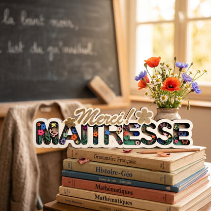 Décoration en bois multicouche "Merci Maitresse" de L'Atelier de Lylou avec motif floral coloré et texte en relief.