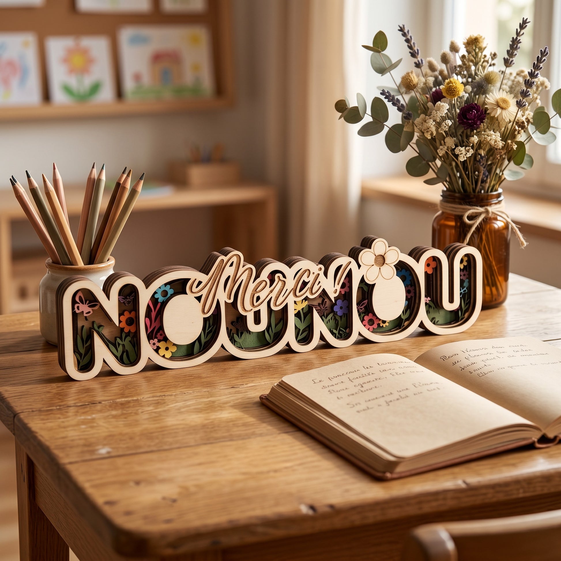 L'Atelier de Lylou Déco bois "Merci Nounou" multicouches avec motif floral et papillons.