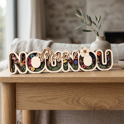 L'Atelier de Lylou Déco bois "Merci Nounou" multicouches avec motif floral, cadeau personnalisé pour nounou.