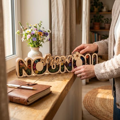 L'Atelier de Lylou Déco bois "Merci Nounou" multicouches avec motif floral et papillons.