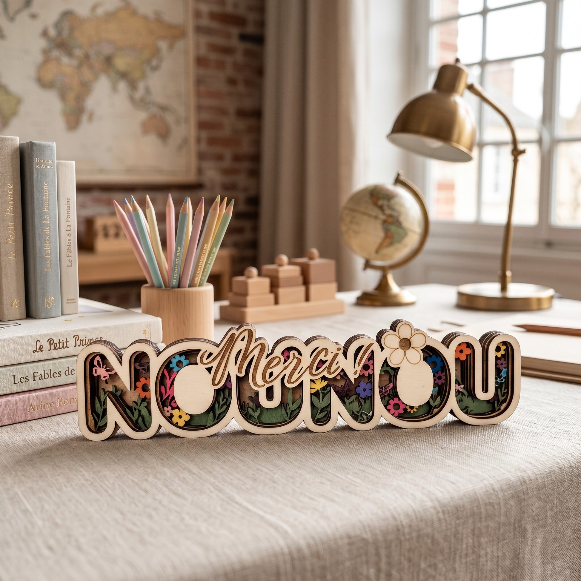 L'Atelier de Lylou Déco bois "Merci Nounou" multicouches avec motif floral coloré et fleur décorative.