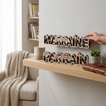 Décoration en bois multicouches 3D L'Atelier de Lylou "Marraine je t'aime" ou "Mon Parrain je t'aime" avec motifs floraux et cœur.