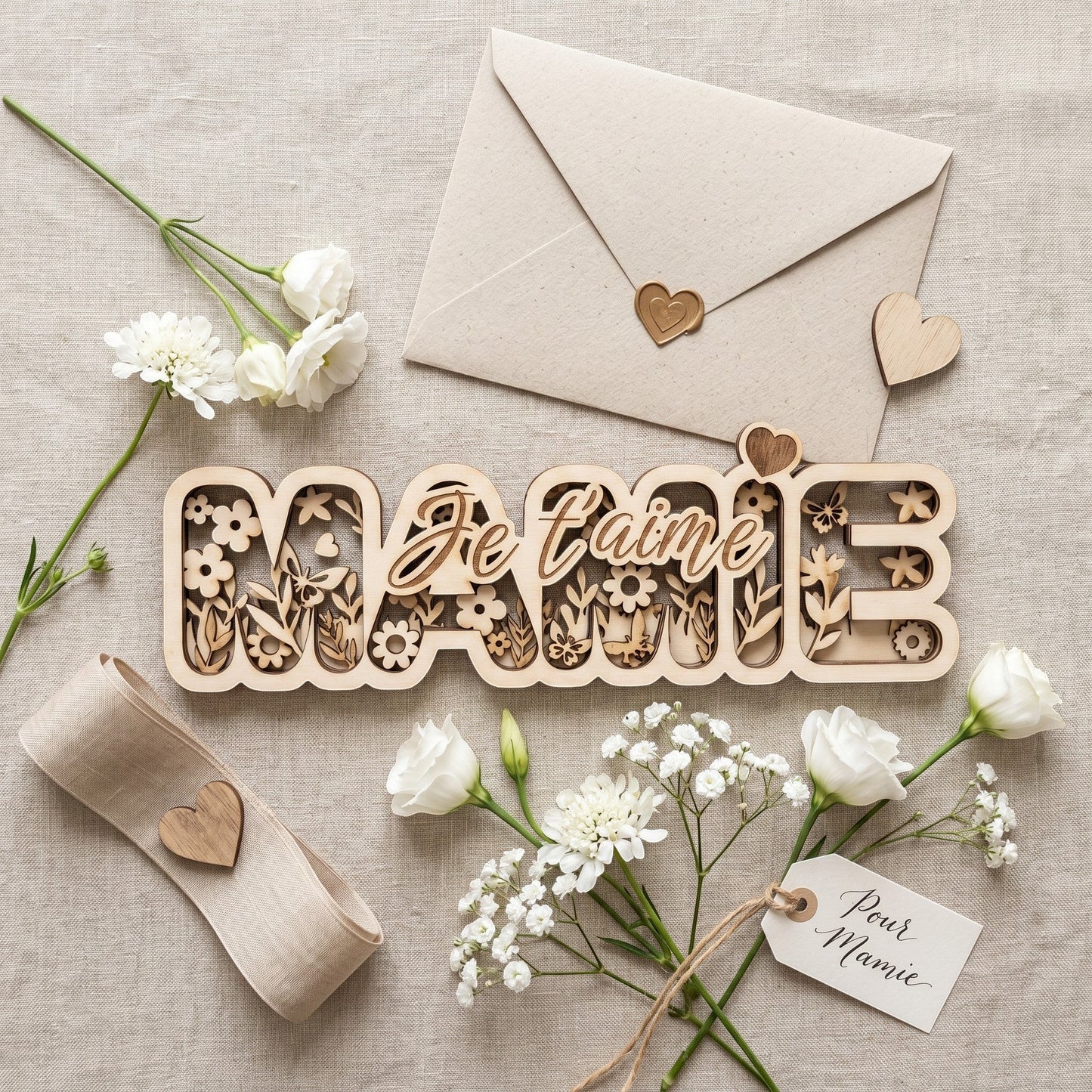 Décoration 3D en bois multicouches L'Atelier de Lylou avec le mot Mamie Je t'aime et un motif floral découpé au laser.