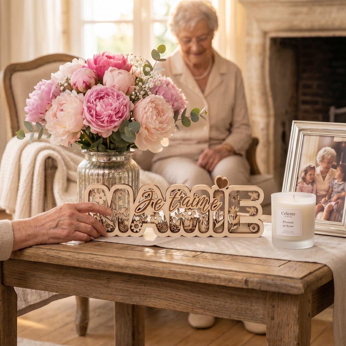 Décoration 3D en bois multicouches L'Atelier de Lylou "Mamie Je t'aime" avec motif floral, cadeau artisanal.
