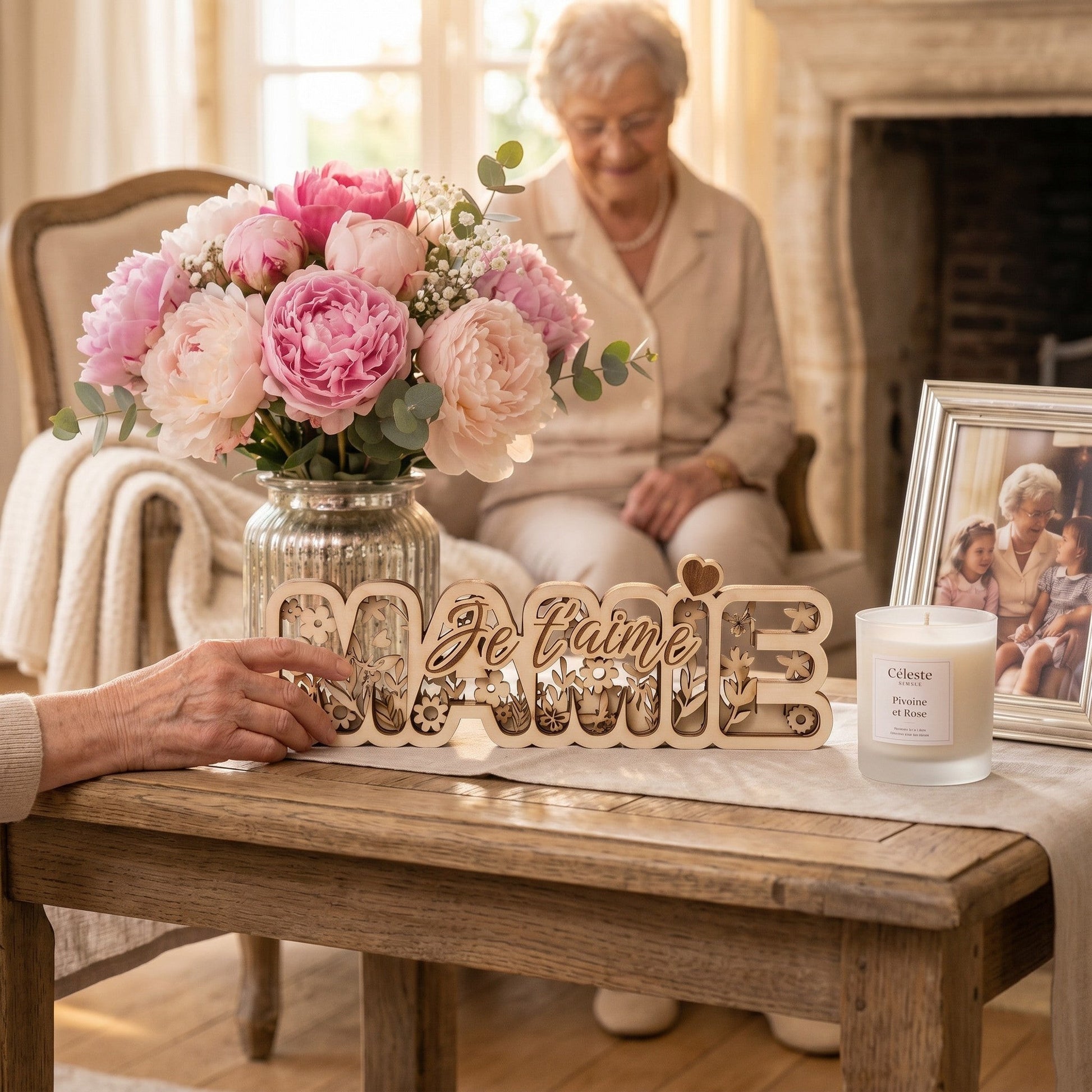 Décoration 3D en bois multicouches L'Atelier de Lylou "Mamie Je t'aime" avec motif floral, cadeau artisanal.