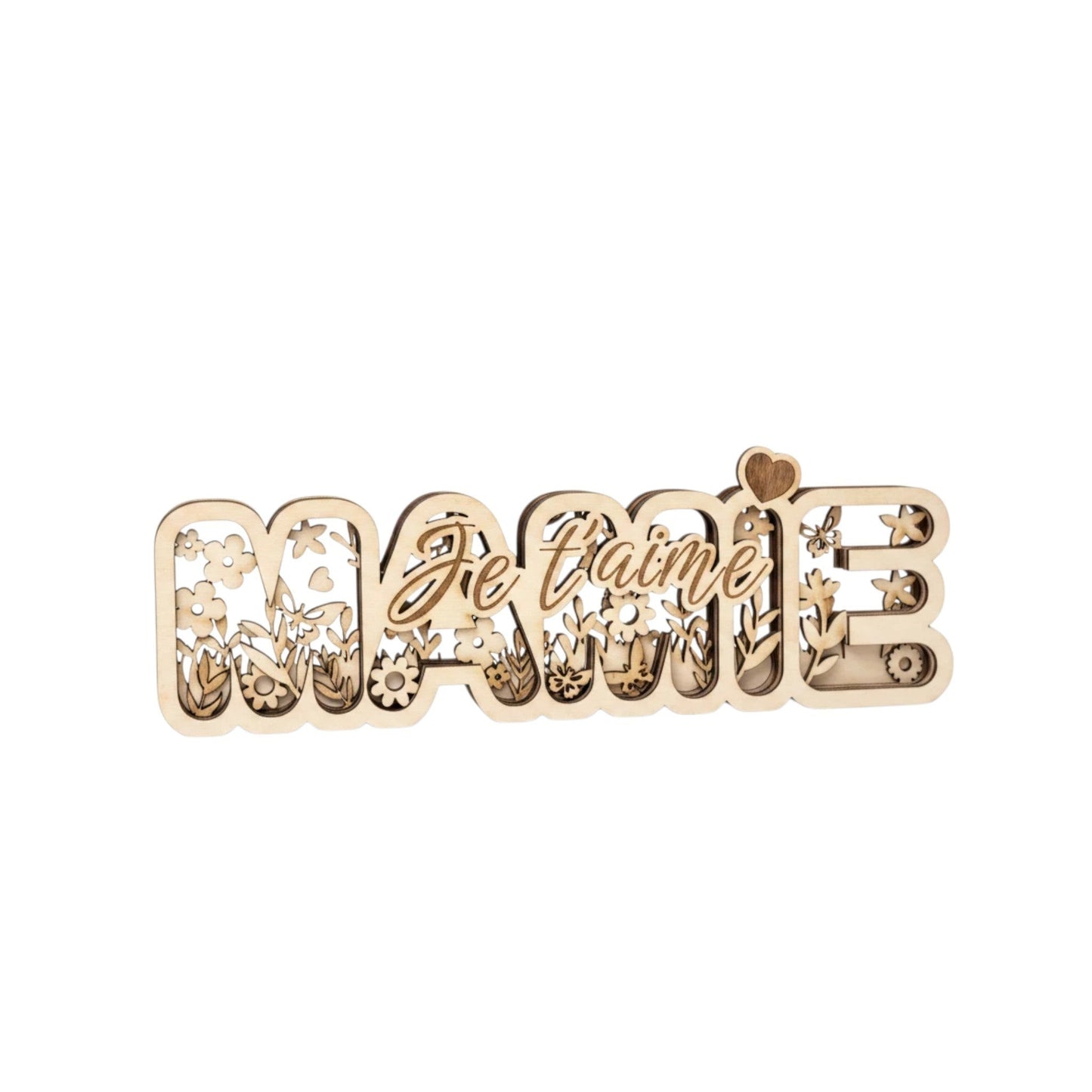 Décoration 3D en bois L'Atelier de Lylou "Mamie Je t'aime" avec motif floral découpé au laser.