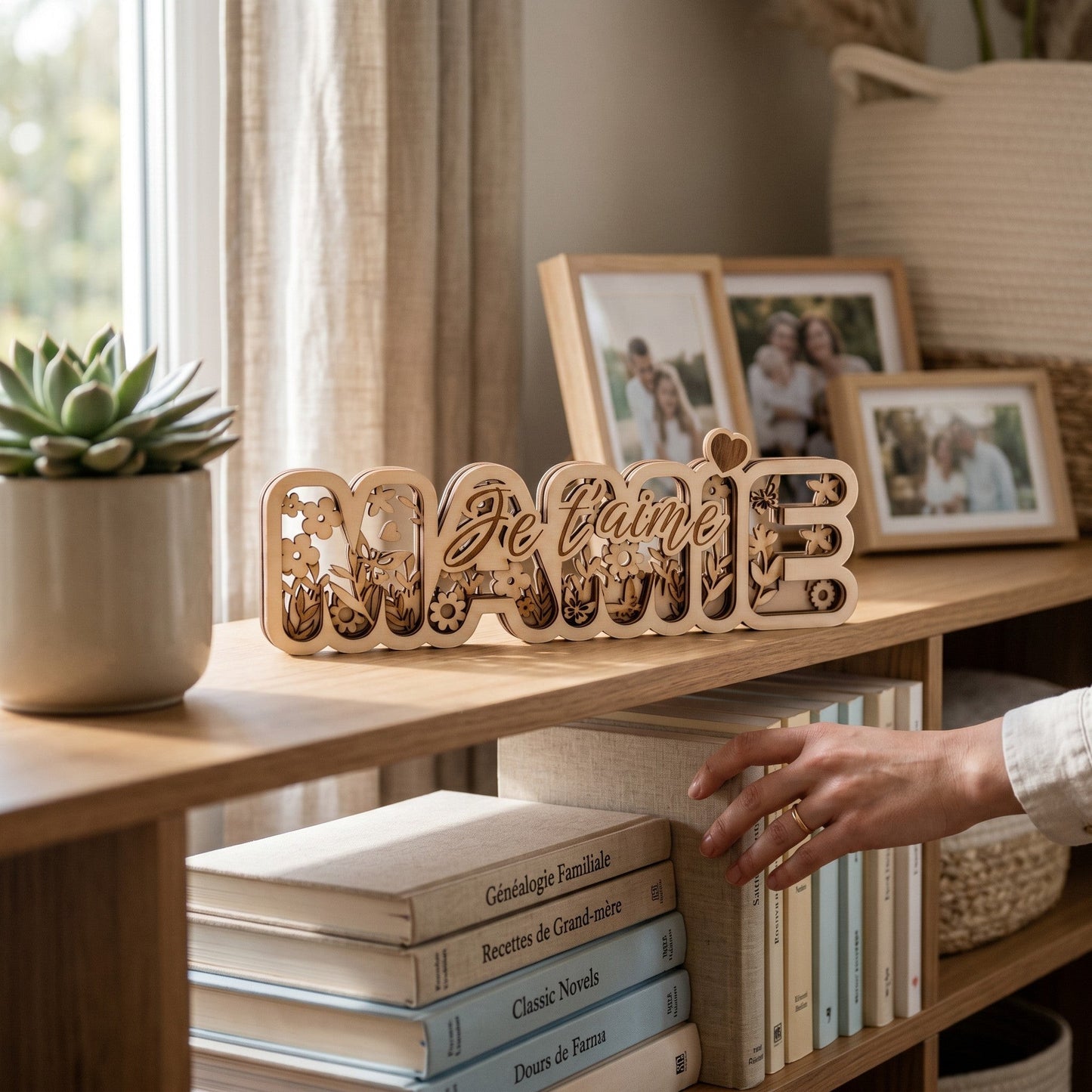 Décoration 3D en bois multicouches L'Atelier de Lylou "Mamie Je t'aime" avec motif floral découpé au laser.