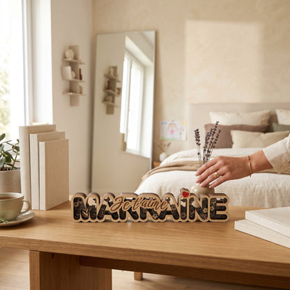 Décoration en bois multicouches 3D L'Atelier de Lylou "Marraine je t’aime" avec motifs floraux et cœur rouge, cadeau artisanal français.
