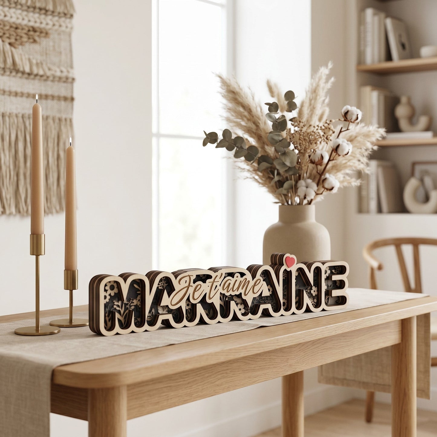 L'Atelier de Lylou décoration bois 3D Marraine je t'aime avec cœur rouge, motifs floraux, bois naturel