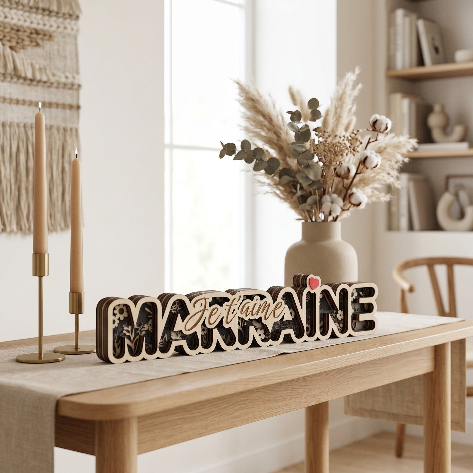 L'Atelier de Lylou décoration bois 3D Marraine je t'aime avec cœur rouge, motifs floraux, bois naturel