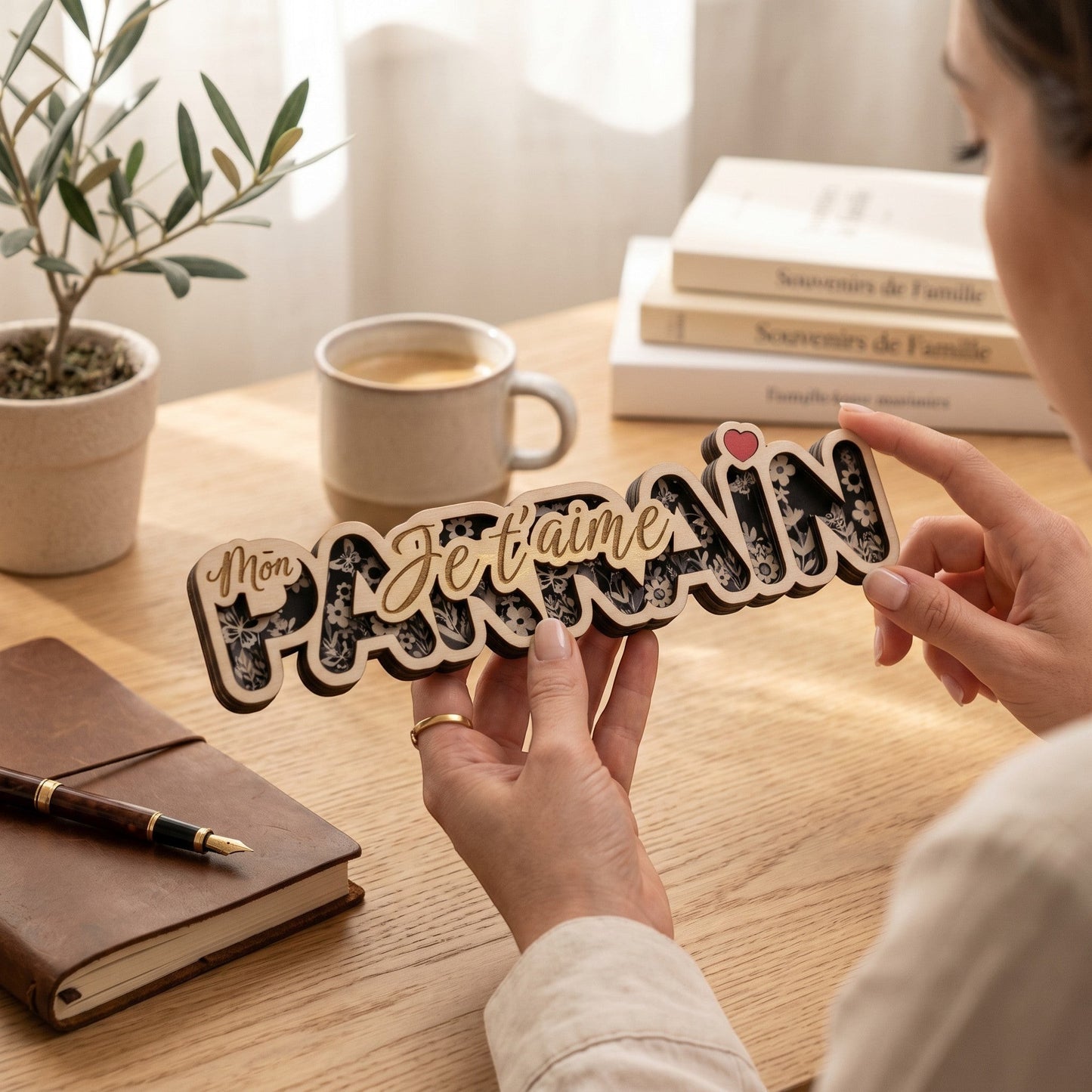 L'Atelier de Lylou décoration en bois 3D "Mon Parrain je t'aime" avec motif floral et cœur rouge, à poser.