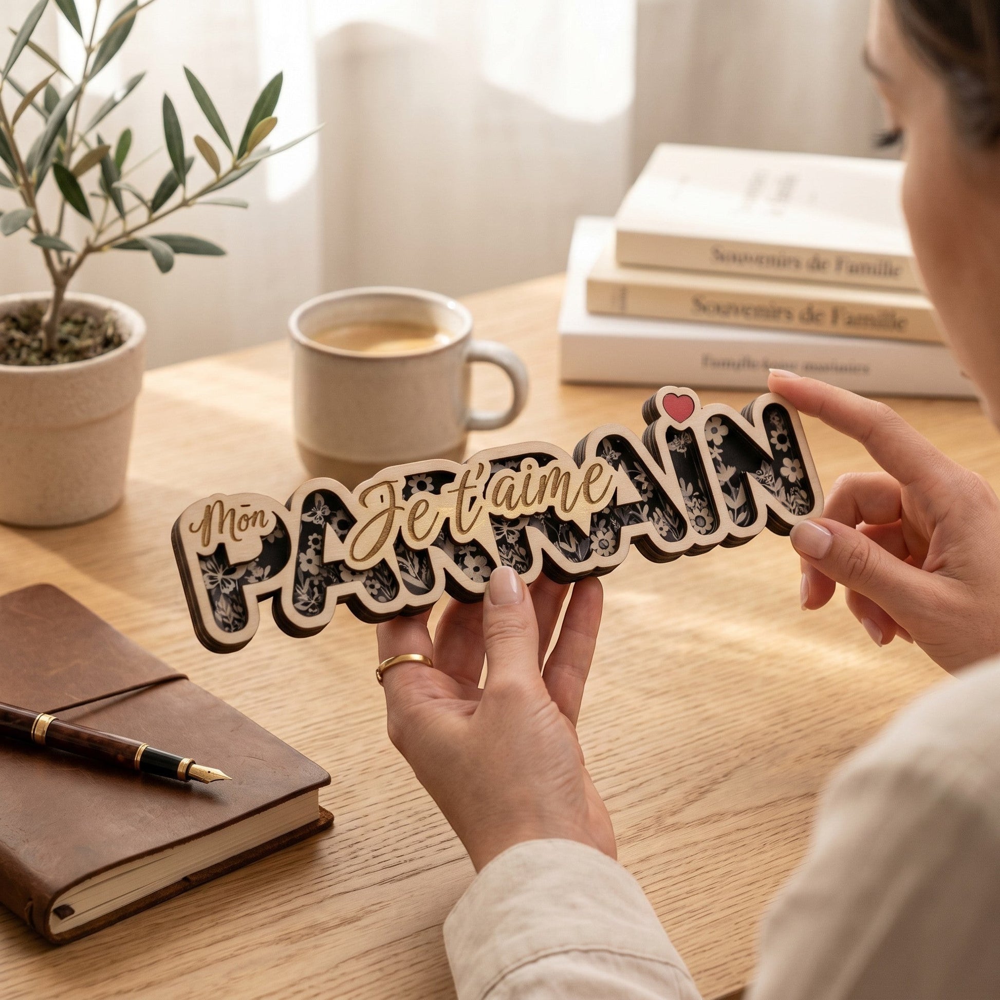 L'Atelier de Lylou décoration en bois 3D "Mon Parrain je t'aime" avec motif floral et cœur rouge, à poser.
