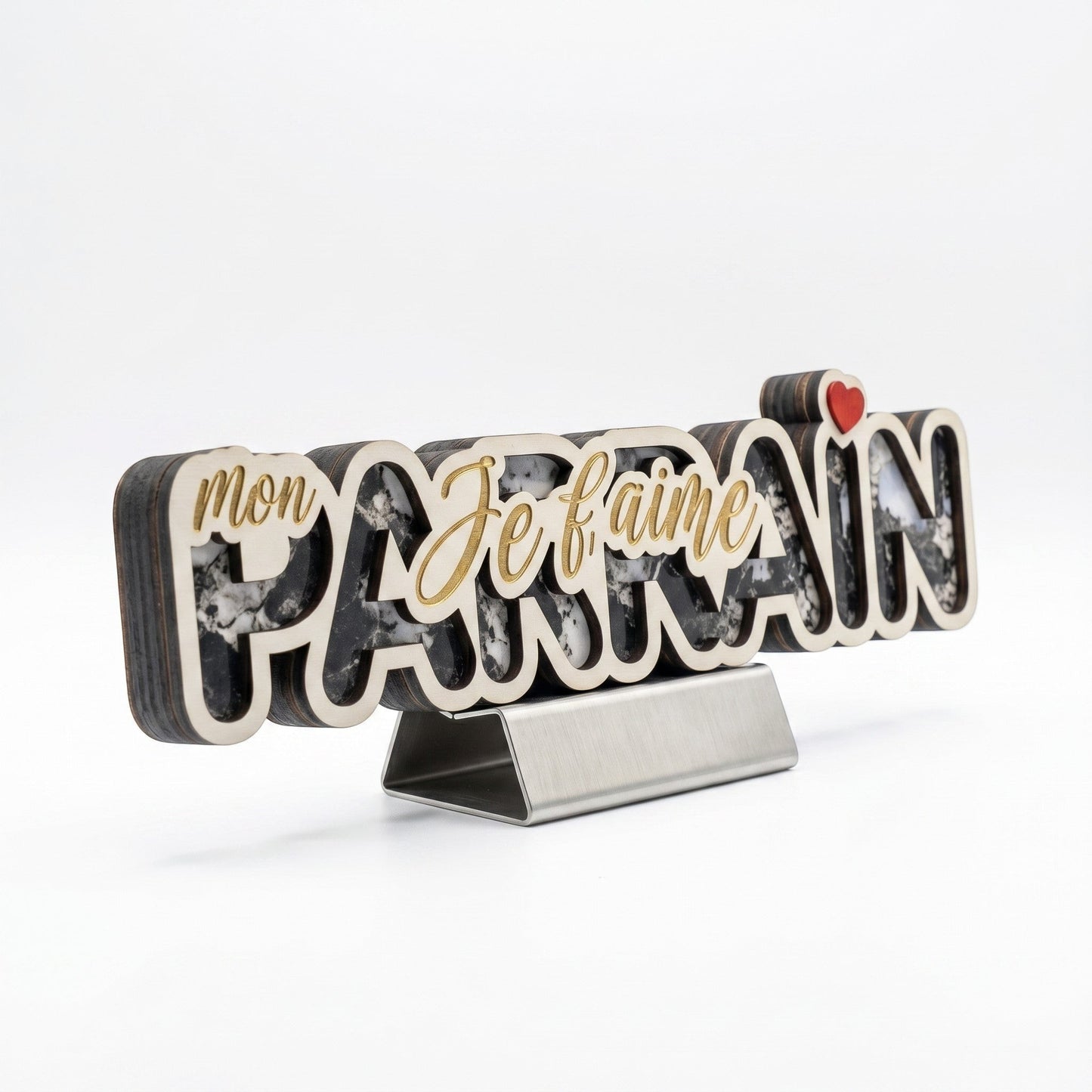 Décoration en bois multicouches 3D "Mon Parrain je t'aime" avec petit cœur rouge, L'Atelier de Lylou