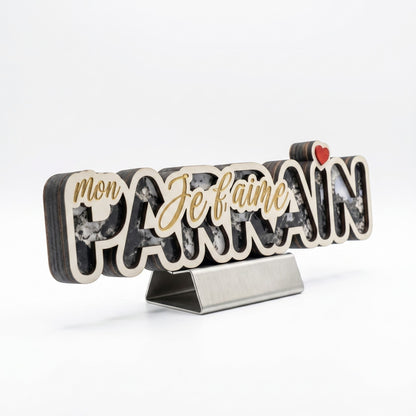 Décoration en bois multicouches 3D "Mon Parrain je t'aime" avec petit cœur rouge, L'Atelier de Lylou