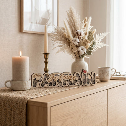 Décoration en bois multicouches 3D L'Atelier de Lylou "Mon Parrain je t'aime" avec cœur rouge, idéale pour un cadeau.