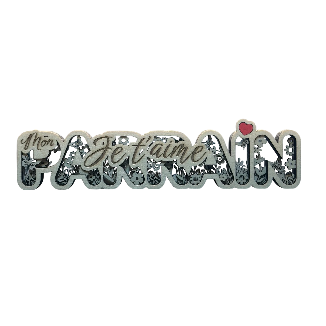 L'Atelier de Lylou décoration en bois 3D "Mon Parrain je t'aime" avec motif floral et cœur rouge.