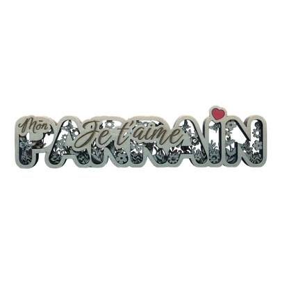 L'Atelier de Lylou décoration en bois 3D "Mon Parrain je t'aime" avec motif floral et cœur rouge.