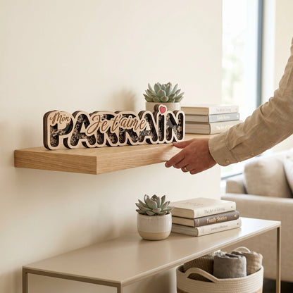 Décoration en bois 3D L'Atelier de Lylou "Mon Parrain je t'aime" avec motif floral et cœur rouge, cadeau artisanal.