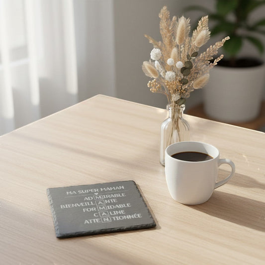 Dessous de plat carré en ardoise naturelle noire, gravé "Ma Super Maman" avec des mots inspirés du Scrabble. Cadeau idéal pour la fête des mères.