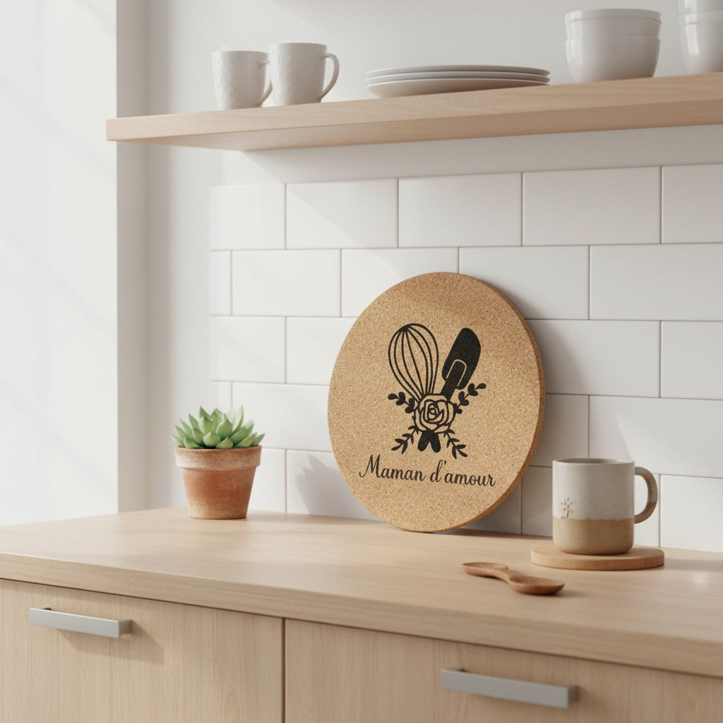 Dessous de plat rond en liège naturel gravé "Maman d'amour" avec fouet, spatule et rose. L'Atelier de Lylou.