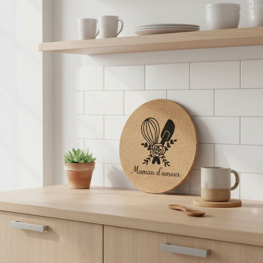 Dessous de plat rond en liège naturel gravé "Maman d'amour" avec fouet, spatule et rose. L'Atelier de Lylou.
