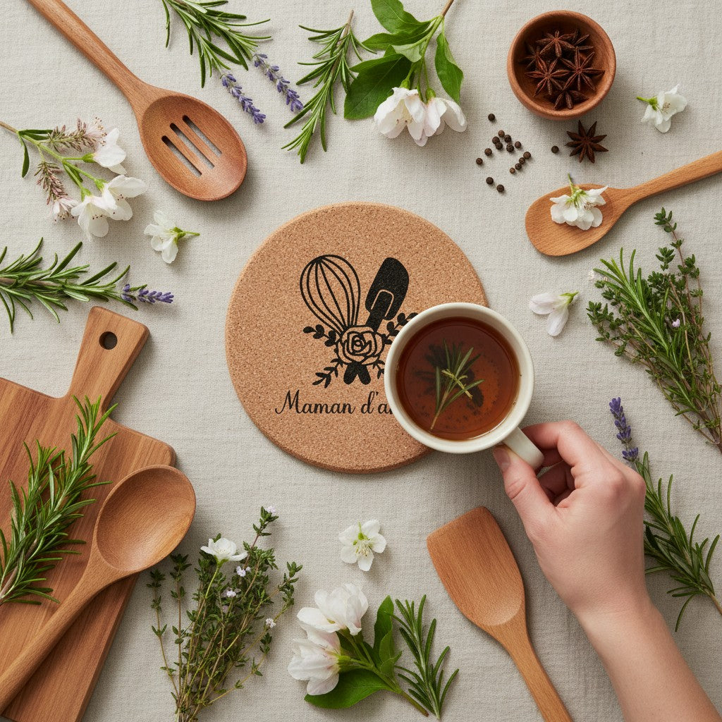 Dessous de plat rond en liège naturel gravé "Maman d'amour" avec fouet, spatule et rose. L'Atelier de Lylou.