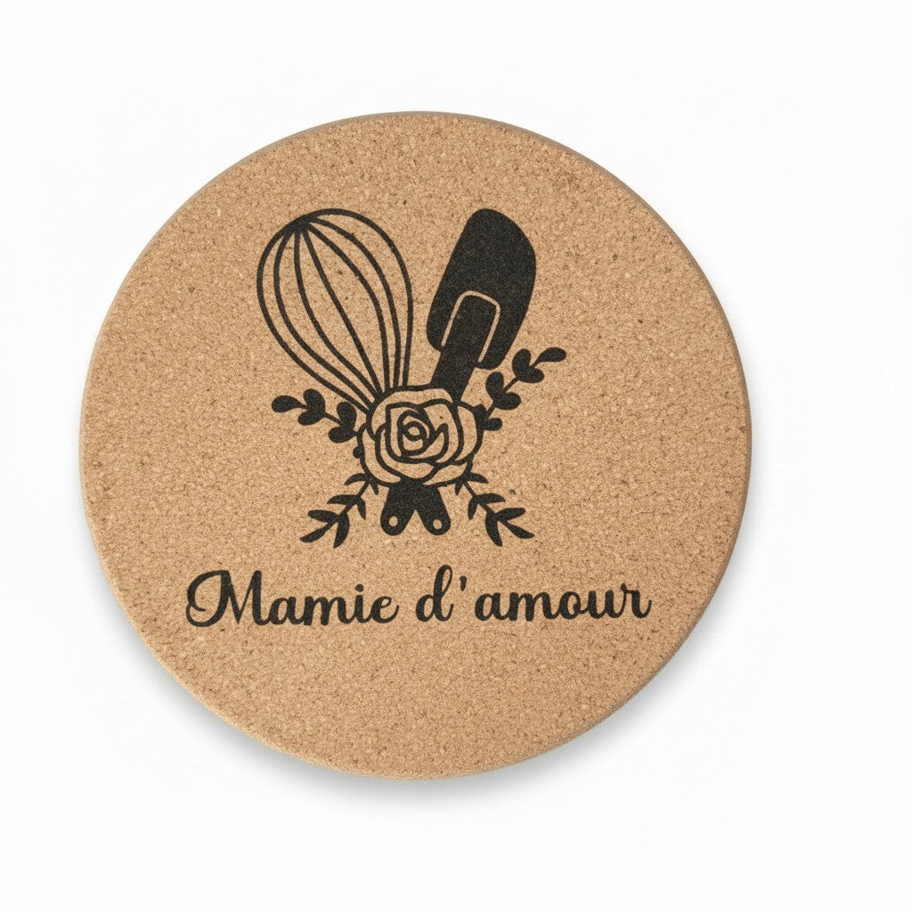 Dessous de plat rond en liège naturel "Mamie d'amour" par L'Atelier de Lylou, gravé d'ustensiles de cuisine et de fleurs.