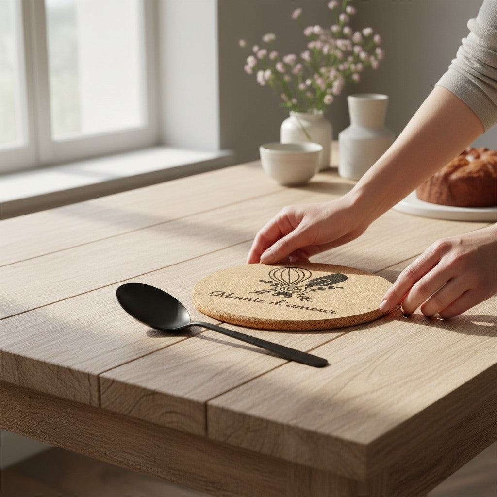 Dessous de plat rond en liège naturel gravé "Mamie d'amour" avec fouet, spatule et rose. L'Atelier de Lylou.
