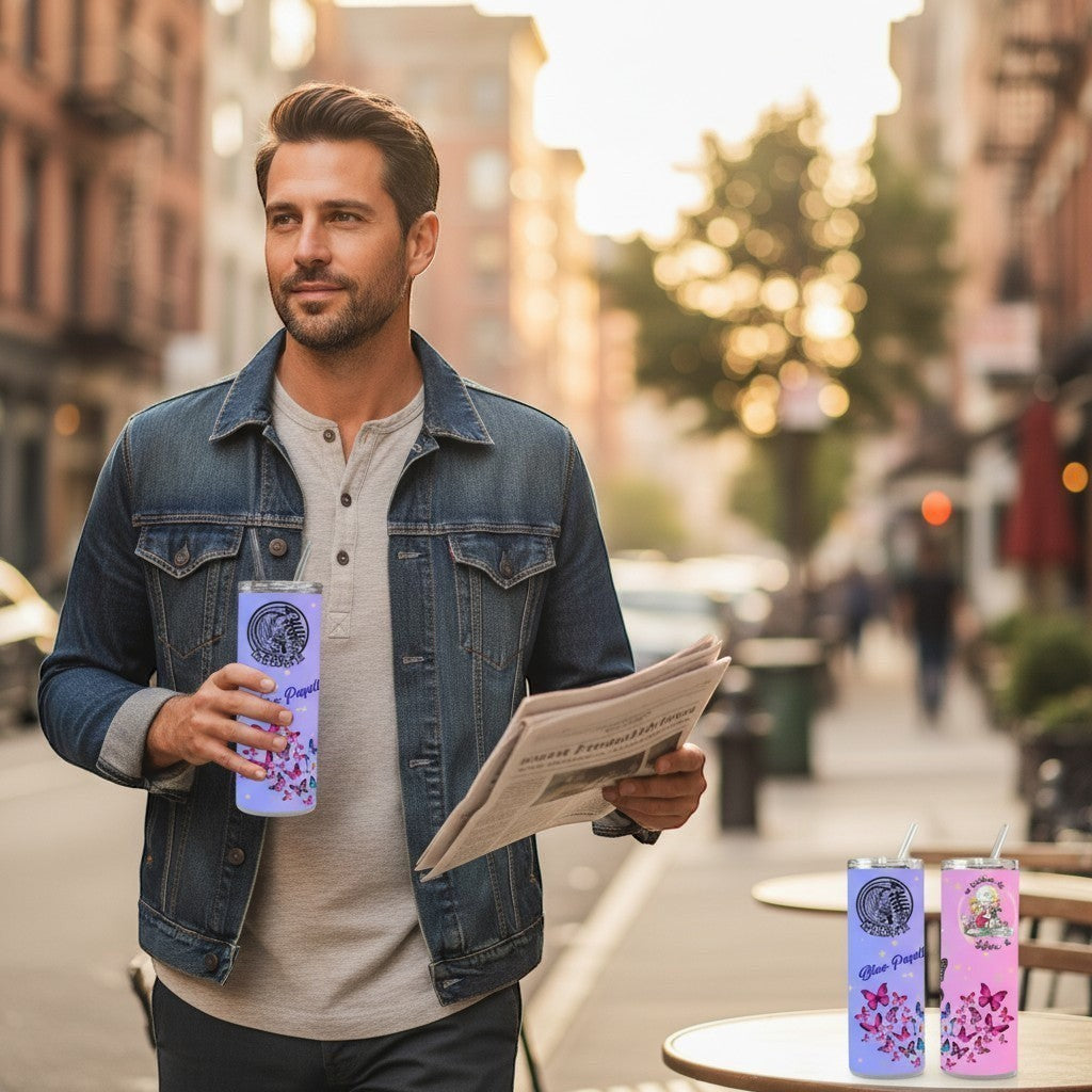 L'Atelier de Lylou : 3 gobelets personnalisables 20oz avec motifs papillons, dégradés bleu/violet/rose et noms "Cyri" et "Blue-Papill".