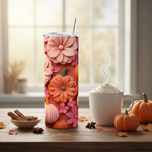 Gourde isotherme L'Atelier de Lylou Collection Automne, rose et orange, décorée de citrouilles et de fleurs en relief. 600ml.
