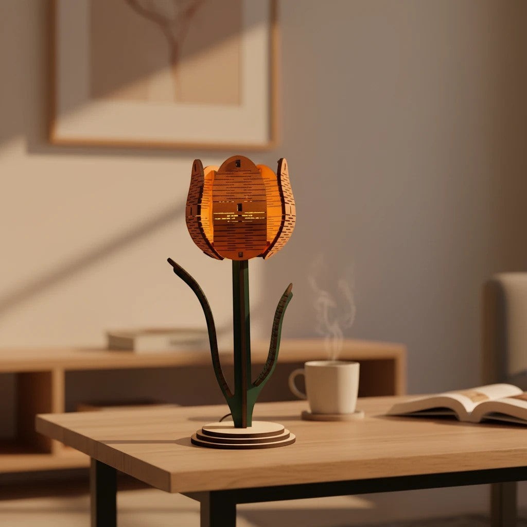 Lampe tulipe en bois découpé L'Atelier de Lylou, couleur naturelle, pour décoration intérieure. Ambiance chaleureuse.