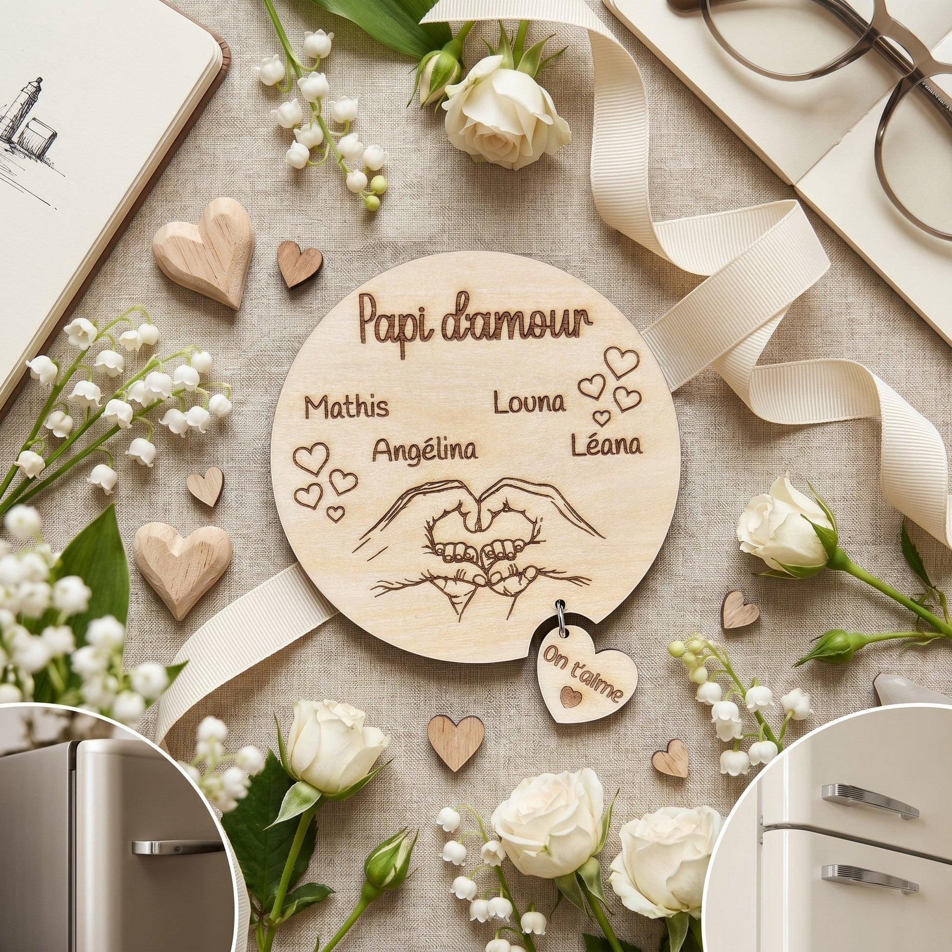 Magnet rond en bois personnalisé "Papi d'amour" avec prénoms et cœur "On t'aime". L'Atelier de Lylou.