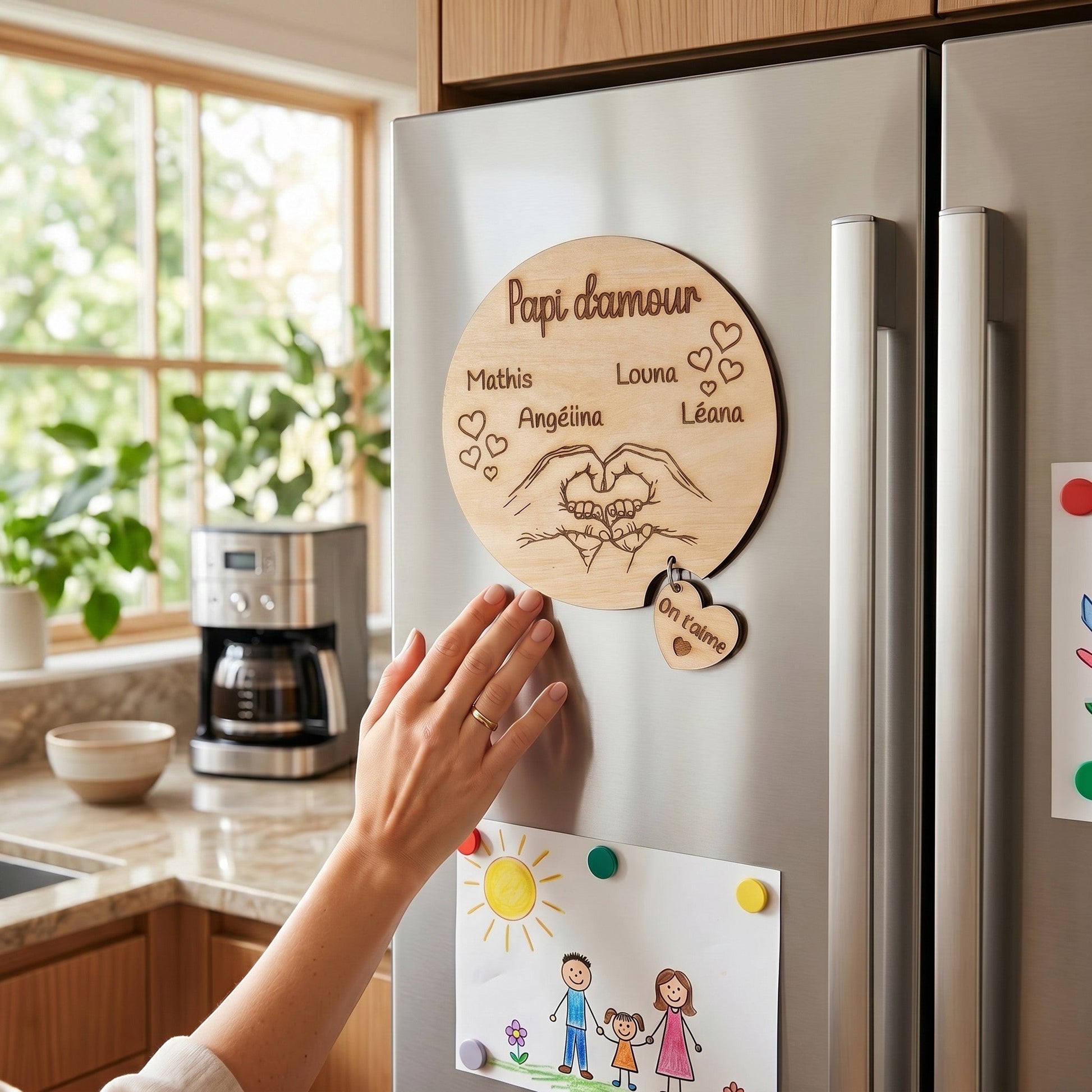 Magnet rond en bois personnalisé "Papi d'amour" avec prénoms et mains en cœur, par L'Atelier de Lylou