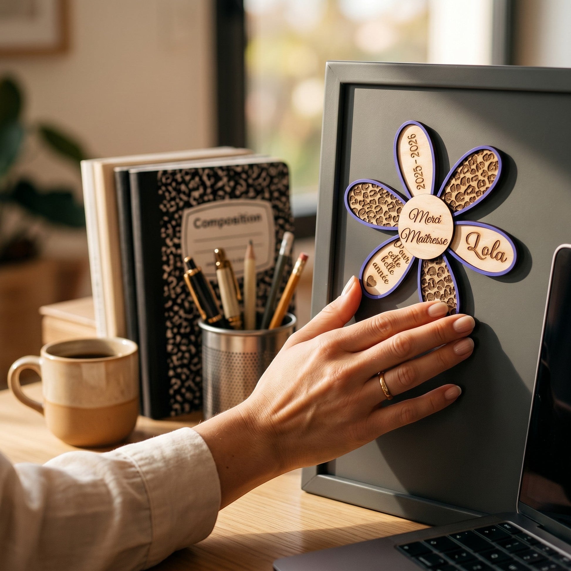 Magnet fleur en bois personnalisé par L'Atelier de Lylou, avec message "Merci Maîtresse Lola" et année scolaire 2025-2026.