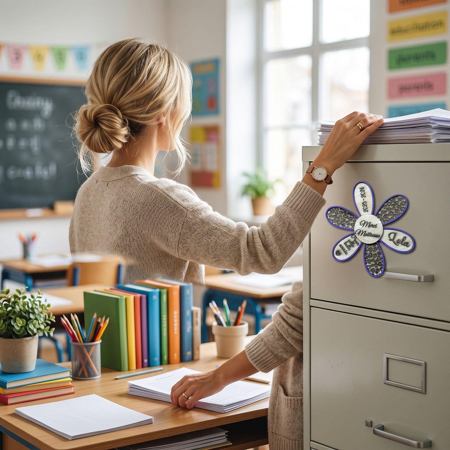 L'Atelier de Lylou magnet fleur personnalisé en bois, cadeau de fin d'année scolaire pour maîtresse, avec prénom et messages.